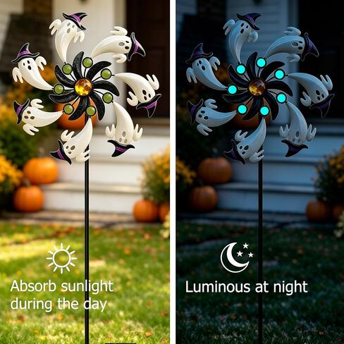 COOZZYHOUR Halloween White Ghost Wind Spinner,39" Metal Yard Garden Stake Wind Sculpture,Cute Ghost with Witch Hat Kinetic Spinners,Outdoor Patio Lawn Halloween Party Decoration in Kuwait