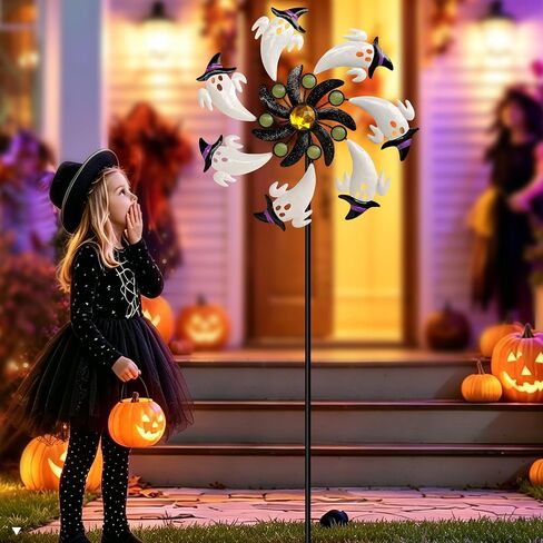 COOZZYHOUR Halloween White Ghost Wind Spinner,39" Metal Yard Garden Stake Wind Sculpture,Cute Ghost with Witch Hat Kinetic Spinners,Outdoor Patio Lawn Halloween Party Decoration in Kuwait