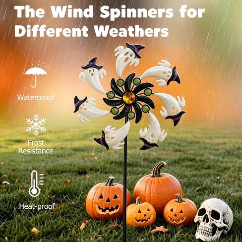 COOZZYHOUR Halloween White Ghost Wind Spinner,39" Metal Yard Garden Stake Wind Sculpture,Cute Ghost with Witch Hat Kinetic Spinners,Outdoor Patio Lawn Halloween Party Decoration in Kuwait