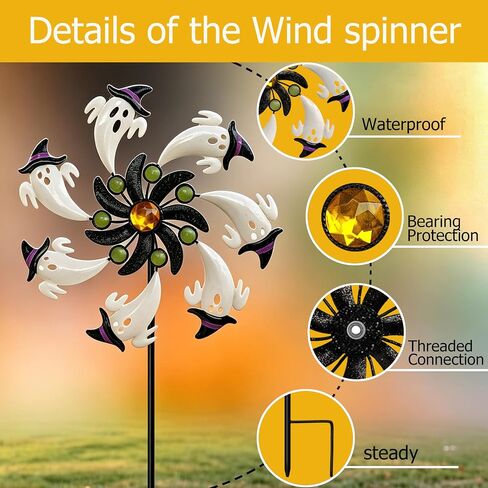 COOZZYHOUR Halloween White Ghost Wind Spinner,39" Metal Yard Garden Stake Wind Sculpture,Cute Ghost with Witch Hat Kinetic Spinners,Outdoor Patio Lawn Halloween Party Decoration in Kuwait