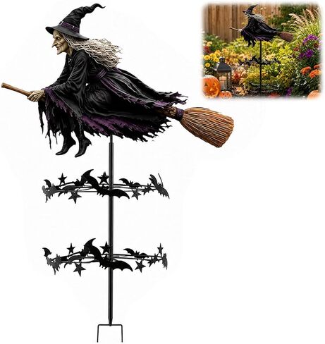 Enchanted Witch Garden Wind Spinner,Metal Halloween Yard Art,Flying Witch & Bat Design, Windmill Style,Ground Stake Included,Outdoor Lawn Decor,Gothic Garden Art for Gardens Patio FallDecorations in Saudi Arabia