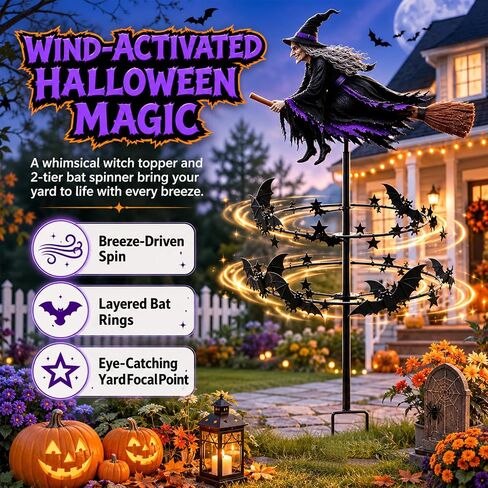 Enchanted Witch Garden Wind Spinner,Metal Halloween Yard Art,Flying Witch & Bat Design, Windmill Style,Ground Stake Included,Outdoor Lawn Decor,Gothic Garden Art for Gardens Patio FallDecorations in Saudi Arabia