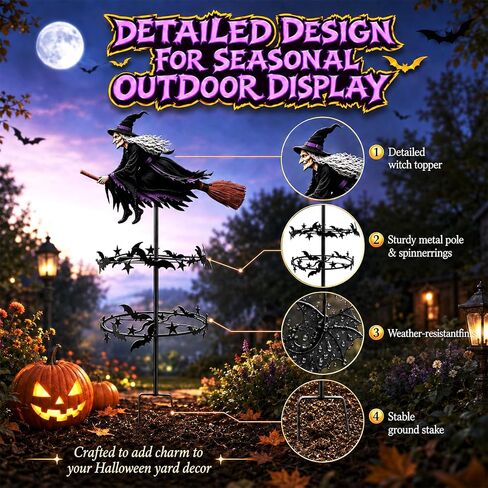 Enchanted Witch Garden Wind Spinner,Metal Halloween Yard Art,Flying Witch & Bat Design, Windmill Style,Ground Stake Included,Outdoor Lawn Decor,Gothic Garden Art for Gardens Patio FallDecorations in Saudi Arabia