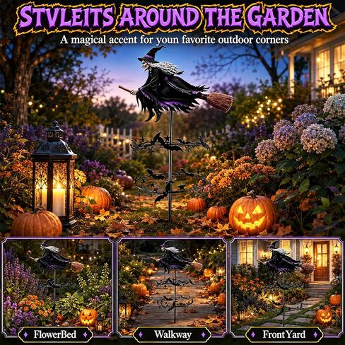Enchanted Witch Garden Wind Spinner,Metal Halloween Yard Art,Flying Witch & Bat Design, Windmill Style,Ground Stake Included,Outdoor Lawn Decor,Gothic Garden Art for Gardens Patio FallDecorations in Saudi Arabia