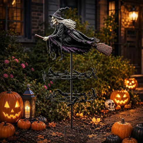 Enchanted Witch Garden Wind Spinner,Metal Halloween Yard Art,Flying Witch & Bat Design, Windmill Style,Ground Stake Included,Outdoor Lawn Decor,Gothic Garden Art for Gardens Patio FallDecorations in Saudi Arabia
