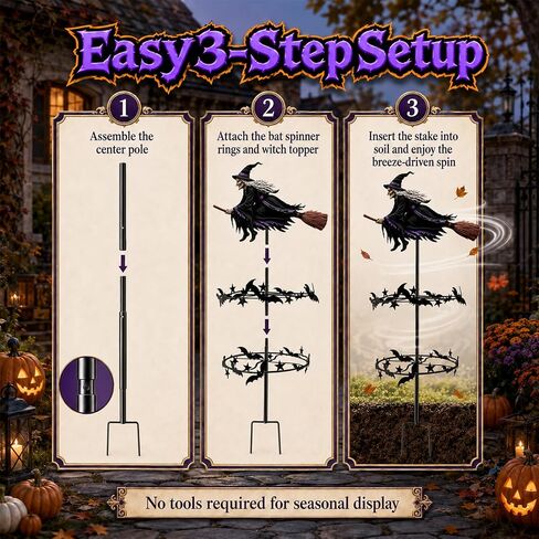 Enchanted Witch Garden Wind Spinner,Metal Halloween Yard Art,Flying Witch & Bat Design, Windmill Style,Ground Stake Included,Outdoor Lawn Decor,Gothic Garden Art for Gardens Patio FallDecorations in Saudi Arabia
