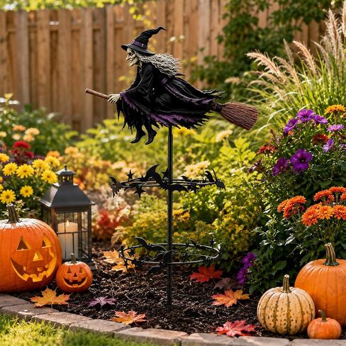 Enchanted Witch Garden Wind Spinner,Metal Halloween Yard Art,Flying Witch & Bat Design, Windmill Style,Ground Stake Included,Outdoor Lawn Decor,Gothic Garden Art for Gardens Patio FallDecorations in Saudi Arabia