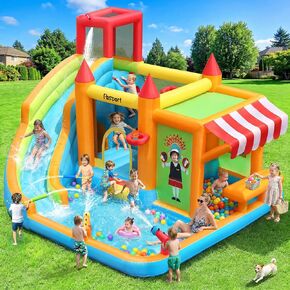FBSPORT Inflatable Bounce House Water Slide, Bounce House for Kids with Toy Market Stand Splash Pool Bouncer Climbing Wall Water Gun Ball Dart, Bouncy Castle W/620W Blower for Outdoor Indoor, Red in Kuwait