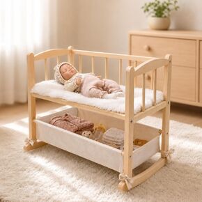 Woodtoe 2-in-1 Wooden Baby Doll Crib with Storage Basket, Fits to 20" Dolls in Saudi Arabia