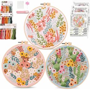 Harimau Beginner Adult Embroidery Kit, All-in-One Starter Pack with 3 Patterns, 3 Hoops, Scissors, Needles, Instruction Manual & Stitching Video Guides in Kuwait