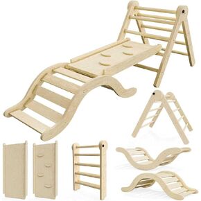 bbgroundgrm Pikler Triangle Set Climber 5 in 1, Toddler Climbing Toys Indoor Folding with Ramp & Arch for Montessori Play Gym for Toddlers and Kids (Natural)(99" Wx21 Dx23 H) in Kuwait