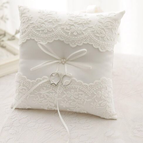 Bodosac Awtlife Lace Pearl Wedding Ring Pillow Cushion Bearer 8.26 Inch for Beach Wedding in Kuwait