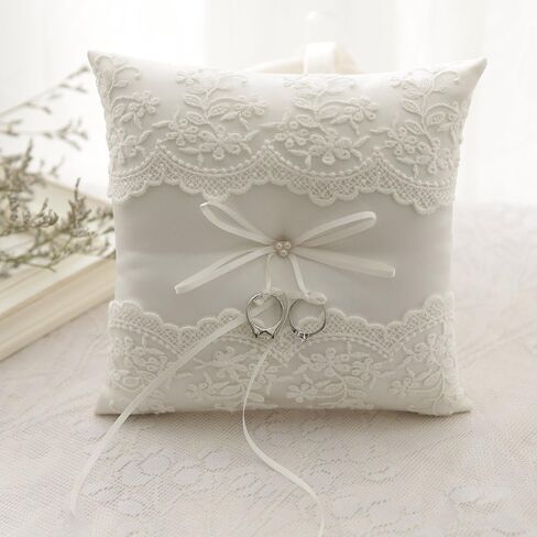 Bodosac Awtlife Lace Pearl Wedding Ring Pillow Cushion Bearer 8.26 Inch for Beach Wedding in Kuwait