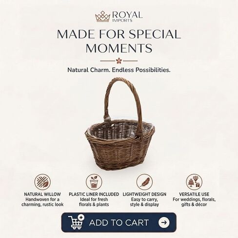 سلة هدايا مضفرة منسوجة من الصفصاف من Royal Imports لعيد الفصح، وحفلات استقبال المولود الجديد، وحفلات الزفاف - بيضاوية صغيرة مع مقبض قابل للطي وإدراج بلاستيكي in Kuwait