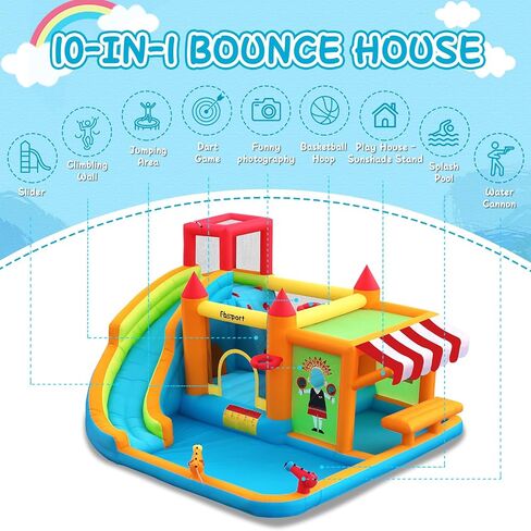 FBSPORT Inflatable Bounce House Water Slide, Bounce House for Kids with Toy Market Stand Splash Pool Bouncer Climbing Wall Water Gun Ball Dart, Bouncy Castle W/620W Blower for Outdoor Indoor, Red in Kuwait