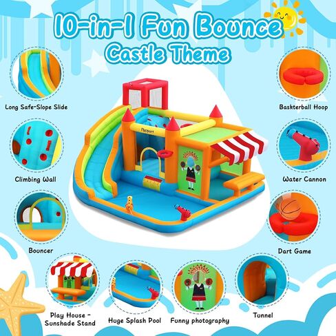 FBSPORT Inflatable Bounce House Water Slide, Bounce House for Kids with Toy Market Stand Splash Pool Bouncer Climbing Wall Water Gun Ball Dart, Bouncy Castle W/620W Blower for Outdoor Indoor, Red in Kuwait