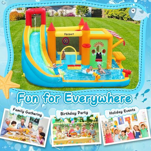 FBSPORT Inflatable Bounce House Water Slide, Bounce House for Kids with Toy Market Stand Splash Pool Bouncer Climbing Wall Water Gun Ball Dart, Bouncy Castle W/620W Blower for Outdoor Indoor, Red in Kuwait