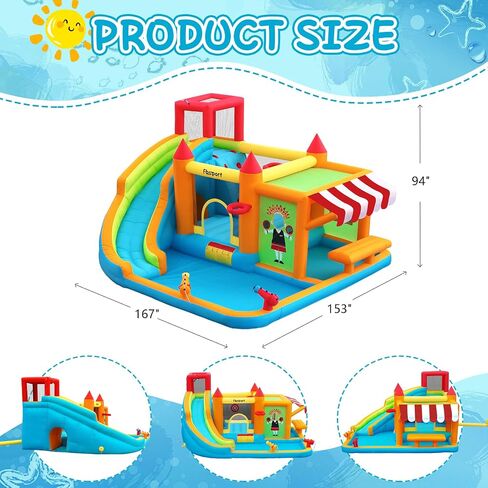 FBSPORT Inflatable Bounce House Water Slide, Bounce House for Kids with Toy Market Stand Splash Pool Bouncer Climbing Wall Water Gun Ball Dart, Bouncy Castle W/620W Blower for Outdoor Indoor, Red in Kuwait