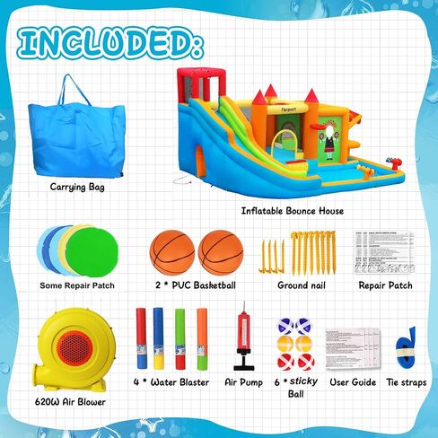 FBSPORT Inflatable Bounce House Water Slide, Bounce House for Kids with Toy Market Stand Splash Pool Bouncer Climbing Wall Water Gun Ball Dart, Bouncy Castle W/620W Blower for Outdoor Indoor, Red in Kuwait
