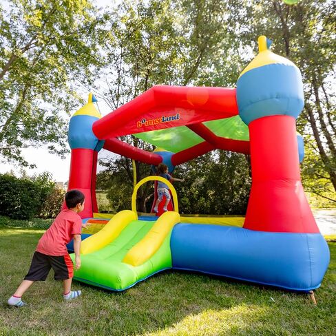 Bounceland Inflatable Party Castle Bounce House Bouncer, 16 ft L x 13 ft W x 10.3 ft H, Basketball Hoop, Removable Sun Roof, UL Strong Blower included, Fun Slide and Bounce Area, Castle Theme for Kids in Saudi Arabia
