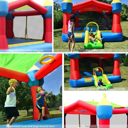 Bounceland Inflatable Party Castle Bounce House Bouncer, 16 ft L x 13 ft W x 10.3 ft H, Basketball Hoop, Removable Sun Roof, UL Strong Blower included, Fun Slide and Bounce Area, Castle Theme for Kids in Saudi Arabia