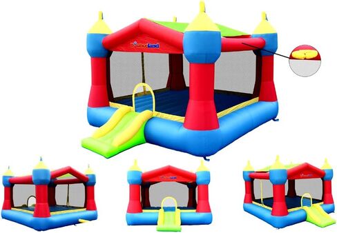 Bounceland Inflatable Party Castle Bounce House Bouncer, 16 ft L x 13 ft W x 10.3 ft H, Basketball Hoop, Removable Sun Roof, UL Strong Blower included, Fun Slide and Bounce Area, Castle Theme for Kids in Saudi Arabia