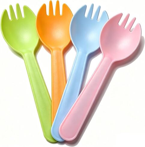 4.3" Mini Disposable Sporks 100ct, Plastic Spork 2-in-1 Utensils, 4 Colors, 25ct Individual Package Per Color - Made by Mavere in Kuwait