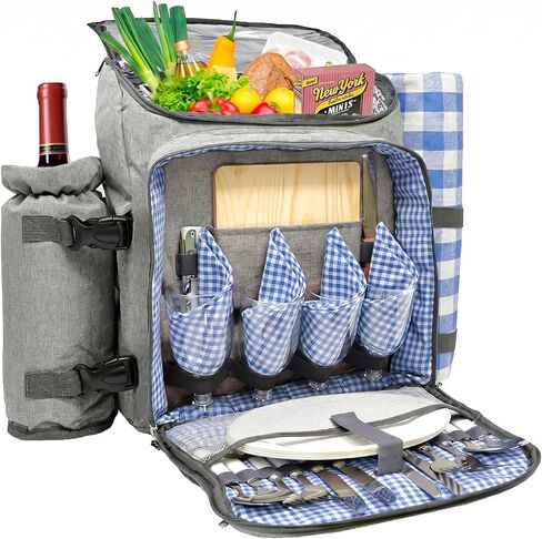 Large Picnic Backpack, Insulated Bag with Detachable Wine Cooler & Picnic Blanket, Includes Dinnerware Set for 4 & Picnic Accessories, Waterproof Outdoor Travel Backpack for Beach, Blue in Kuwait