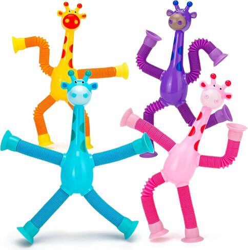 UrChoice 4 Pack Giraffe Pop Tubes Suction Cup Toys, Stretchy Bendable Fidget Travel Toys, Party Favors Fine Motor Skills & Stress Relief Gifts for Kids Ages 3+ in Kuwait