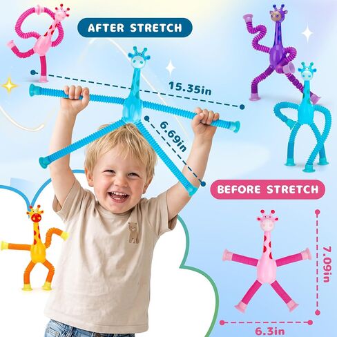 UrChoice 4 Pack Giraffe Pop Tubes Suction Cup Toys, Stretchy Bendable Fidget Travel Toys, Party Favors Fine Motor Skills & Stress Relief Gifts for Kids Ages 3+ in Kuwait