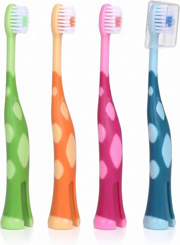 55Dental Kids Toothbrush Set of Soft Giraffe Toothbrush for Kids 3-12. Easy-Grip, Bristle Cover, Self-Standing & Splited Bottom for Cup Rim. by Lix, 4 Colors in Kuwait