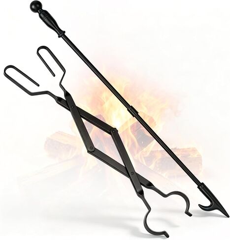 FEED GARDEN 32 Inch Fireplace Poker and 26 Inch Fireplace Tongs Set for Fire Pit Fireplace Tools Accessories Log Grabber Set for Camping Wood Stove Patio Campfire Picnic Indoor and Outdoor in Saudi Arabia