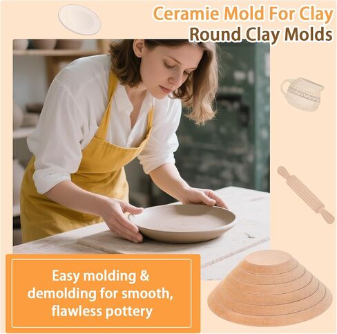 LEOLIO 6 Pcs Ceramic Mold for Clay, Wooden Pottery Clay Molds for Pottery, Elegant Ceramic Plate for Slump Tools and Handbuilding Craft (Round, 5.0‘’-11.0") in Saudi Arabia
