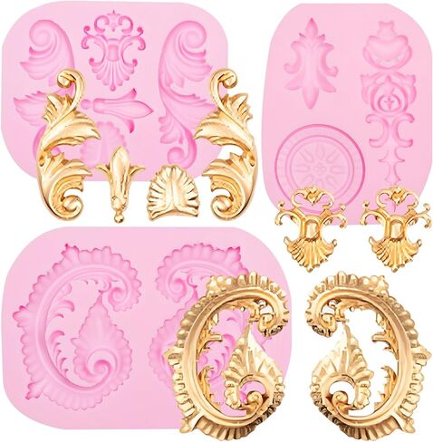 Baroque Scroll Silicone Fondant Molds, 8-Piece Decorative Border Cake Molds Set for Cupcake Topper Candy Gummy Clay DIY Crafts, Pink in Kuwait