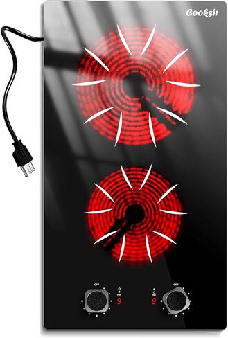 Cooksir Electric Cooktop 12 inch, 110v Countertop Electric Stove Top 2000W, 2 Burners Ceramic Cooktop with Residual Heat Indicator, Over-Temperature Protection, 9 Power Levels, Knob Control in Kuwait