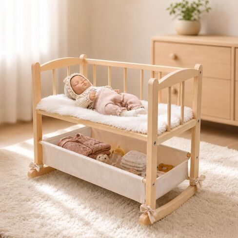 Woodtoe 2-in-1 Wooden Baby Doll Crib with Storage Basket, Fits to 20" Dolls in Saudi Arabia