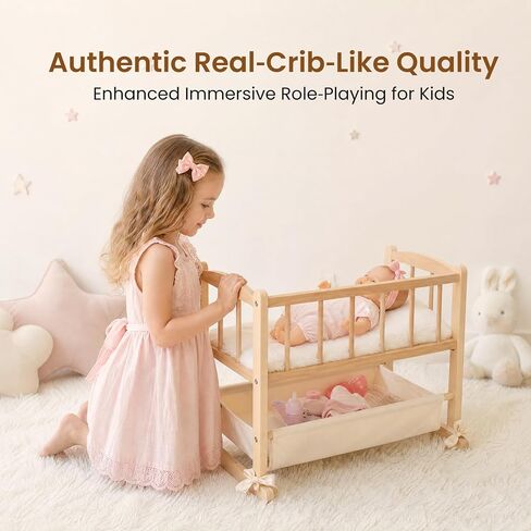 Woodtoe 2-in-1 Wooden Baby Doll Crib with Storage Basket, Fits to 20" Dolls in Saudi Arabia