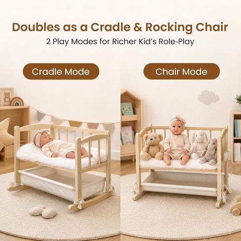 Woodtoe 2-in-1 Wooden Baby Doll Crib with Storage Basket, Fits to 20" Dolls in Saudi Arabia