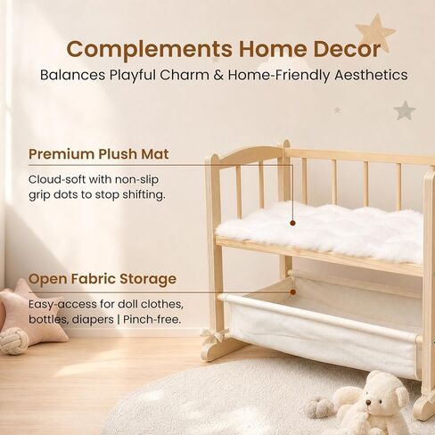 Woodtoe 2-in-1 Wooden Baby Doll Crib with Storage Basket, Fits to 20" Dolls in Saudi Arabia