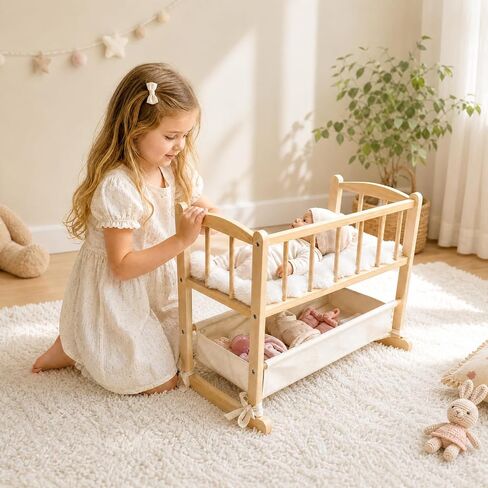 Woodtoe 2-in-1 Wooden Baby Doll Crib with Storage Basket, Fits to 20" Dolls in Saudi Arabia