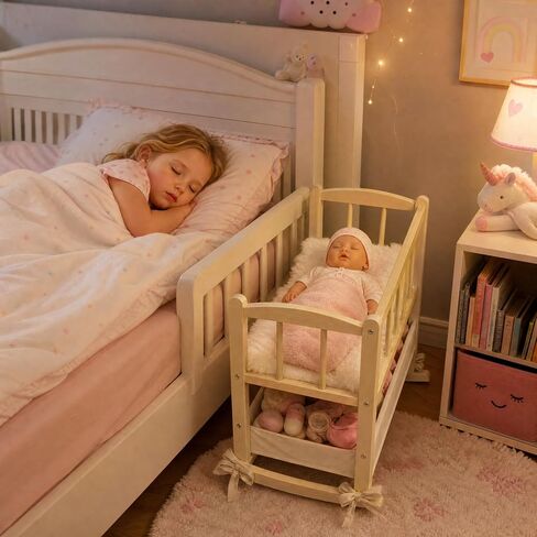 Woodtoe 2-in-1 Wooden Baby Doll Crib with Storage Basket, Fits to 20" Dolls in Saudi Arabia