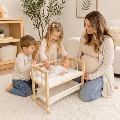 Woodtoe 2-in-1 Wooden Baby Doll Crib with Storage Basket, Fits to 20" Dolls in Saudi Arabia
