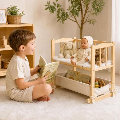 Woodtoe 2-in-1 Wooden Baby Doll Crib with Storage Basket, Fits to 20" Dolls in Saudi Arabia