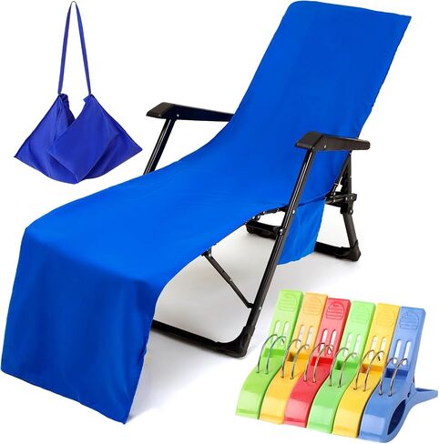 Chaise Lounge Cover Pool Chair Cover Soft and Quick Dry Beach Chair Towel Cover with Pocket for Sun Lounger Pool Sunbathing Garden Beach Hotel, No Slide, Blue 85" L x 30" W in Saudi Arabia