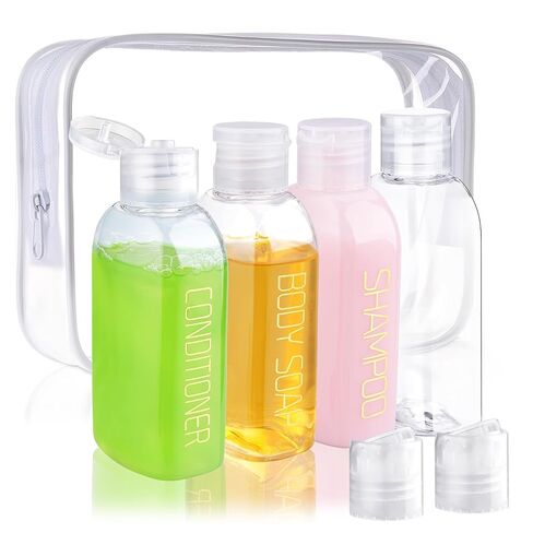 Cosywell Travel Size Toiletries Plastic Squeeze Bottles 4pcs 3.4 oz TSA Approved Travel Bottles for Toiletries Refillable Cosmetic Containers Kit Leakproof Shampoo Conditioner Lotion Travel Essentials in Kuwait