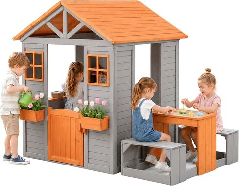 Wooden Kids Playhouse, Outdoor Sand Water Table Chair Set, Play Kitchen, Half Door Windows, Kids Playhouse and Toys Playset for Backyard Play (Brown and Grey) in Saudi Arabia