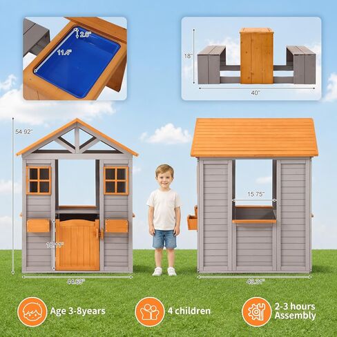 Wooden Kids Playhouse, Outdoor Sand Water Table Chair Set, Play Kitchen, Half Door Windows, Kids Playhouse and Toys Playset for Backyard Play (Brown and Grey) in Saudi Arabia