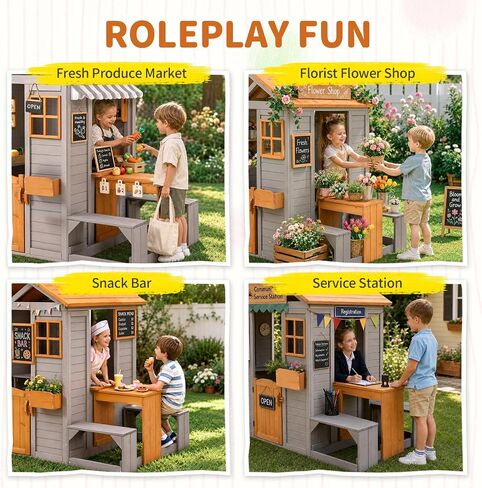 Wooden Kids Playhouse, Outdoor Sand Water Table Chair Set, Play Kitchen, Half Door Windows, Kids Playhouse and Toys Playset for Backyard Play (Brown and Grey) in Saudi Arabia