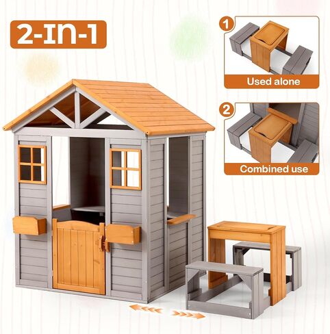 Wooden Kids Playhouse, Outdoor Sand Water Table Chair Set, Play Kitchen, Half Door Windows, Kids Playhouse and Toys Playset for Backyard Play (Brown and Grey) in Saudi Arabia
