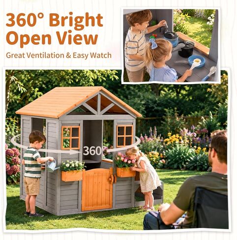 Wooden Kids Playhouse, Outdoor Sand Water Table Chair Set, Play Kitchen, Half Door Windows, Kids Playhouse and Toys Playset for Backyard Play (Brown and Grey) in Saudi Arabia